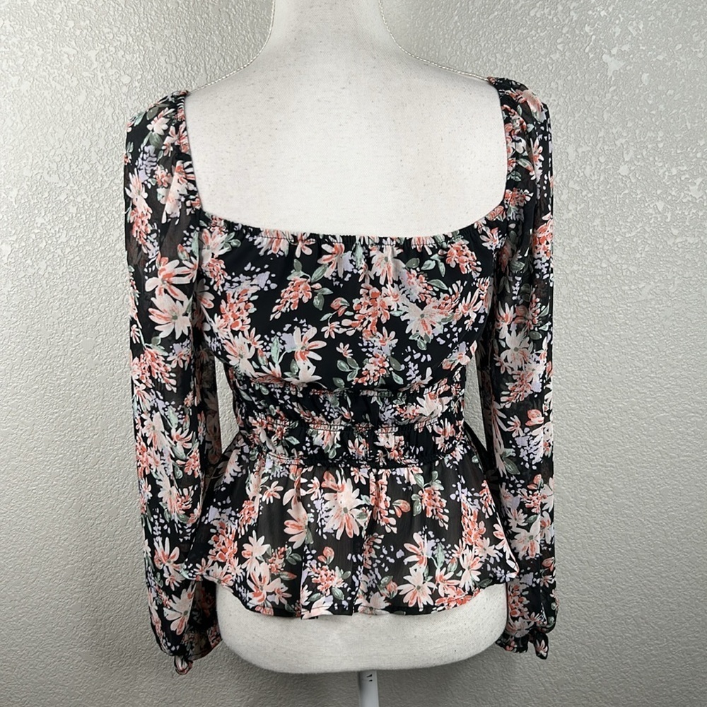 Miami Black Floral Boho Romantic Bell Sleeve Flowy Summer Top Size Small - Picture 5 of 7